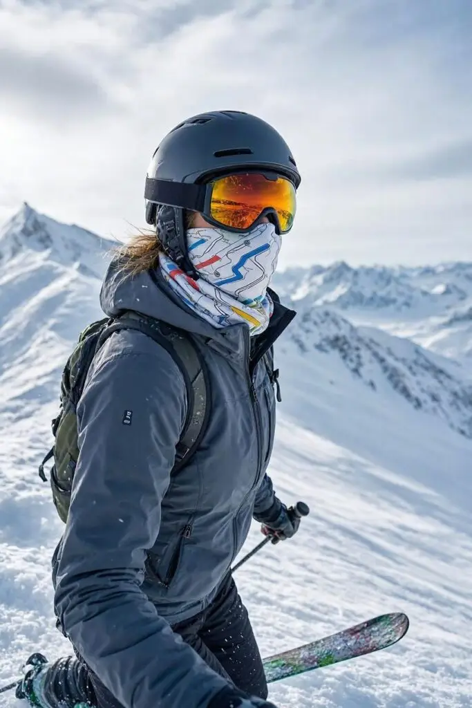 Skier on a snowy mountain wearing a Wuffler snood