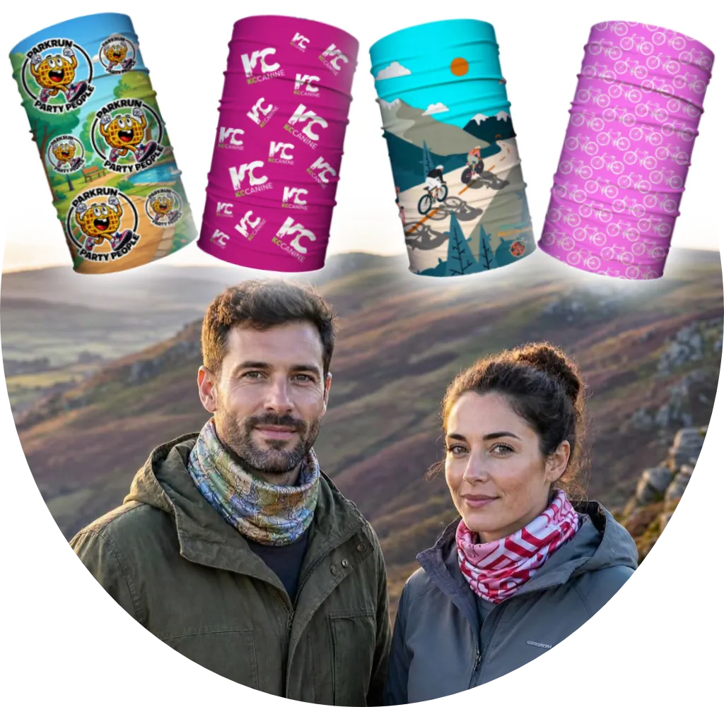 people wearing custom designed snoods made in the peak district
